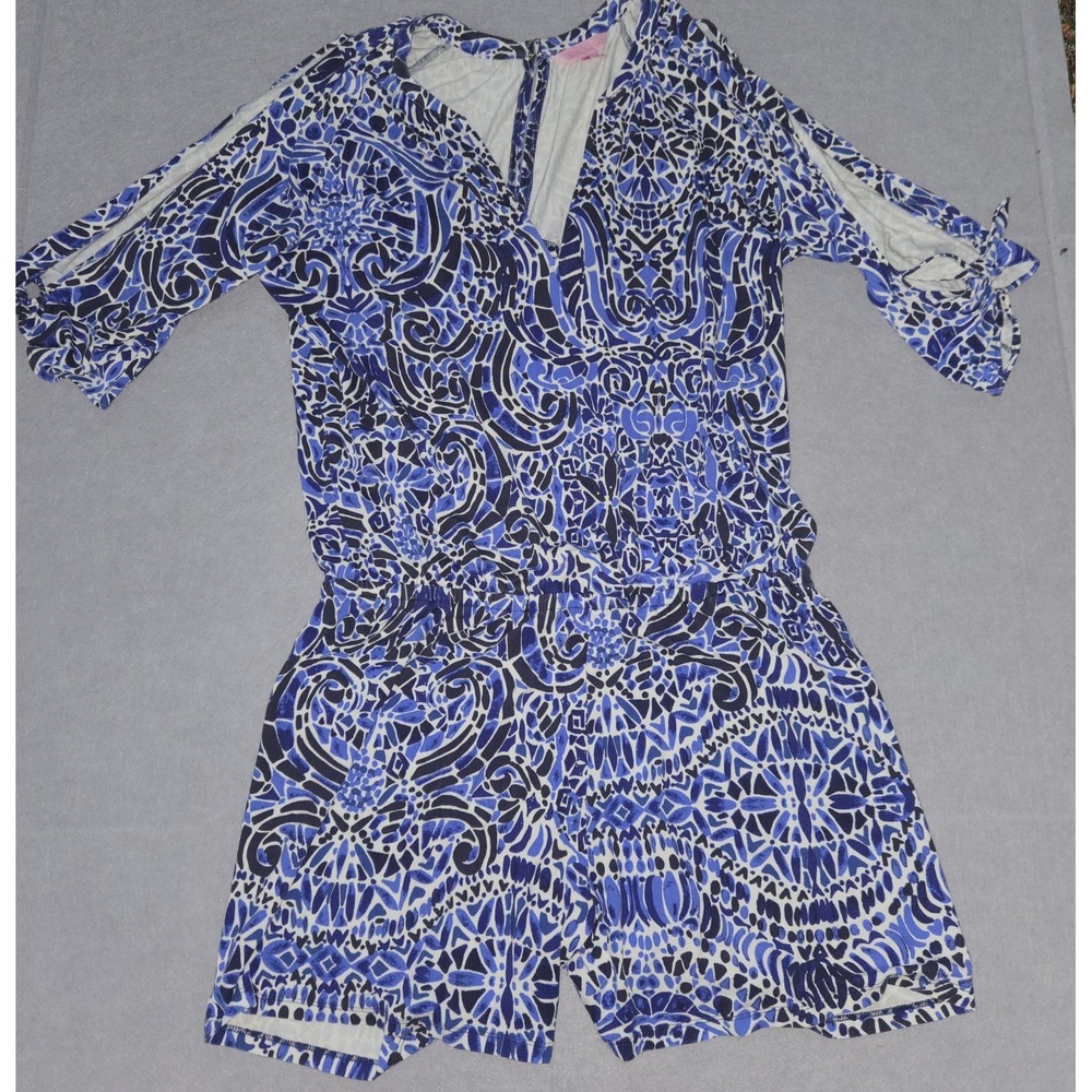 Lilly Pulitzer Cobalt Blue Bryce Bright Navy Taverna Tile Allover Romper Size S